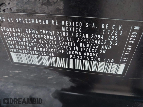 2023 Volkswagen Jetta SE with VIN 3VW7M7BU9PM013345, listed as a IAAI auction lot 42203990 with 15,859 mi miles and . Bid and sale history available at DreamBid. Image 9.