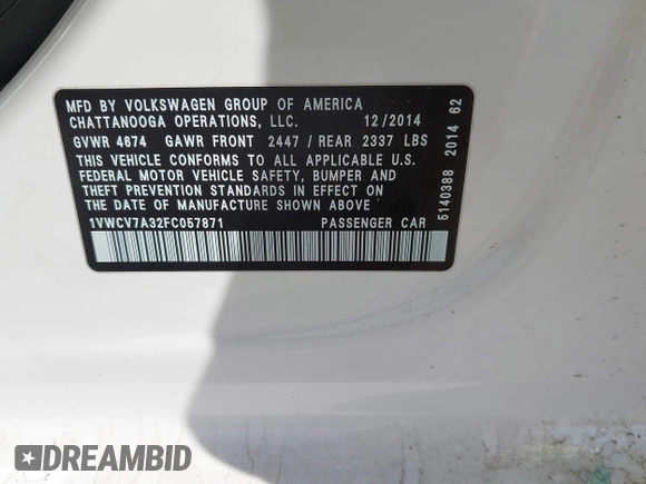 2015 Volkswagen Passat 2.0L TDI SEL Premium with VIN 1VWCV7A32FC057871, listed as a IAAI auction lot 41833501 with 151,754 mi miles. Bid and sale history available at carsss.com. Image 9.