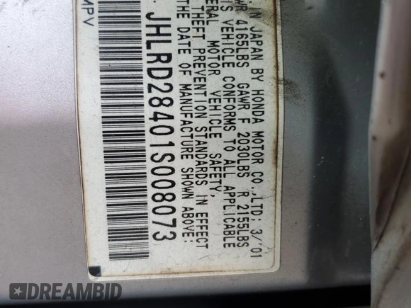 2001 Honda CR-V LX with VIN JHLRD28401S008073, listed as a Copart auction lot 73002564 with 177,059 mi miles and Salvage Title. Bid and sale history available at carsss.com. Image 13.