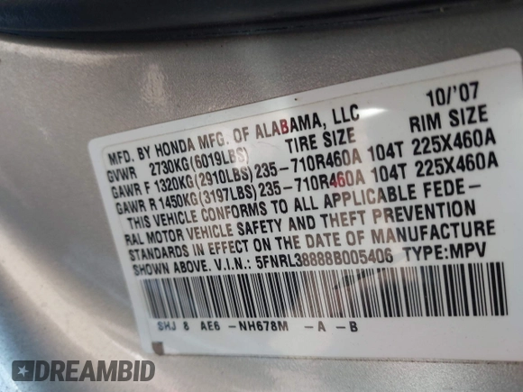 2008 Honda Odyssey Touring with VIN 5FNRL38888B005406, listed as a IAAI auction lot 41689635 with 164,340 mi miles. Bid and sale history available at carsss.com. Image 9.