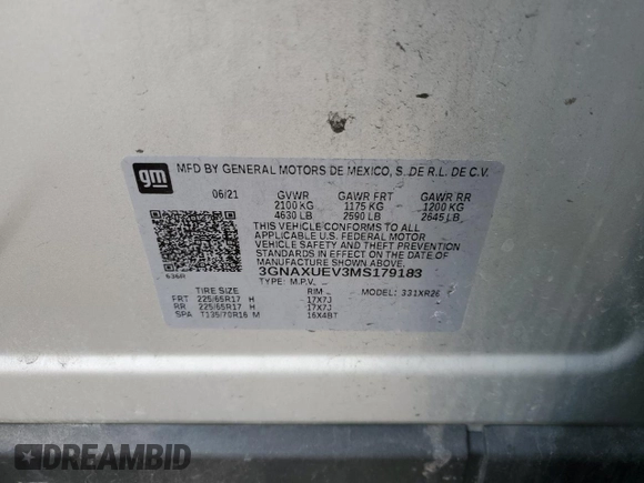 2021 Chevrolet Equinox LT with VIN 3GNAXUEV3MS179183, listed as a Copart auction lot 44121505 with 97,509 mi miles and Salvage Title. Bid and sale history available at DreamBid. Image 15.