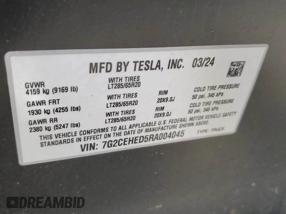 2024 Tesla Cybertruck с VIN 7G2CEHED5RA004045, выставлен на аукционе Copart как лот 48466055 с пробегом 6 580 миль миль и Списание • Salvage title. История ставок и продаж доступна на DreamBid. Изображение 12.