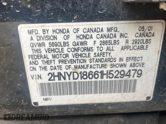 2001 Acura MDX Touring Pkg with VIN 2HNYD18661H529479, listed as a Copart auction lot 85612794 with 0 mi miles and Clean Title. Bid and sale history available at carsss.com. Image 10.