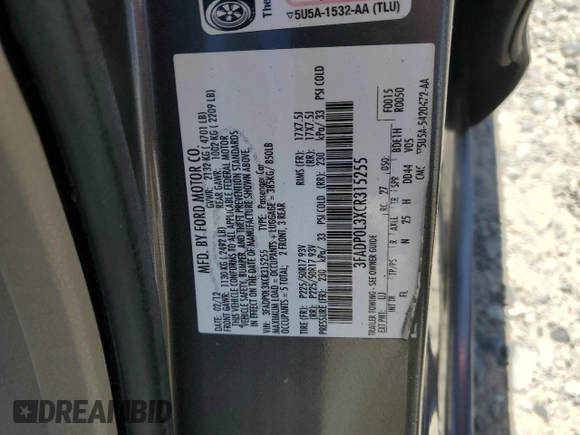 2012 Ford Fusion Hybrid with VIN 3FADP0L3XCR315255, listed as a Copart auction lot 59548955 with 118,412 mi miles and Salvage title. Bid and sale history available at DreamBid. Image 12.