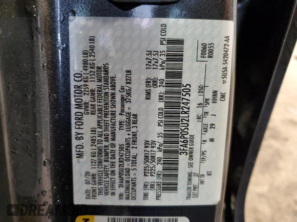 2020 Ford Fusion Titanium with VIN 3FA6P0SU2LR247505, listed as a Copart auction lot 58036325 with 73,658 mi miles and Salvage title. Bid and sale history available at DreamBid. Image 12.