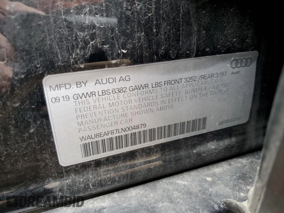 2020 Audi A8 L with VIN WAU8EAF87LN004879, listed as a Copart auction lot 74777573 with 28,303 mi miles. Bid and sale history available at carsss.com. Image 12.