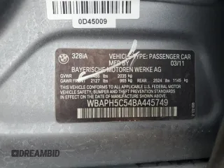 2011 BMW 3 Series 328i with VIN WBAPH5C54BA445749, listed as a Copart auction lot 55061135 with 124,159 mi miles and Salvage title. Bid and sale history available at DreamBid. Image 13.