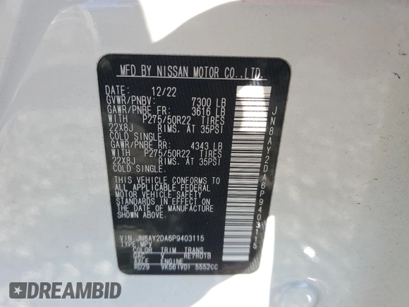 2023 Nissan Armada Platinum with VIN JN8AY2DA6P9403115, listed as a Copart auction lot 83341654 with 33,264 mi miles and Salvage Title. Bid and sale history available at carsss.com. Image 14.