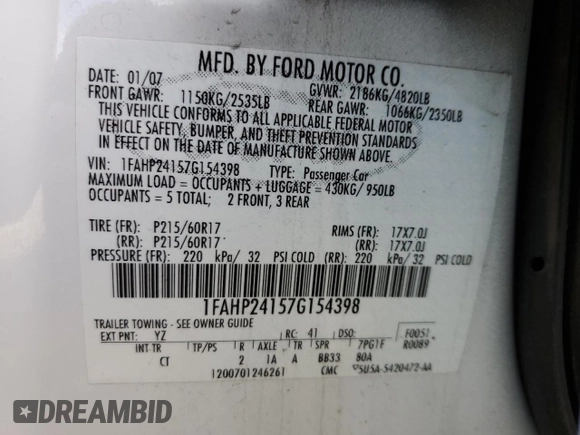 2007 Ford Five Hundred SEL with VIN 1FAHP24157G154398, listed as a Copart auction lot 74328764 with 196,601 mi miles and Salvage Title. Bid and sale history available at carsss.com. Image 14.