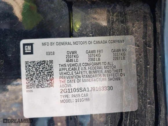 2018 Chevrolet Impala LT with VIN 2G1105SA1J9163330, listed as a IAAI auction lot 41332330 with 161,540 mi miles. Bid and sale history available at carsss.com. Image 9.