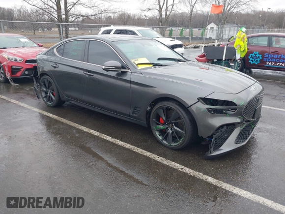 2023 Genesis G70 3.3T with VIN KMTG54TEXPU107334, listed as a IAAI auction lot 41565440 with 19,816 mi miles and . Bid and sale history available at carsss.com. Image 1.