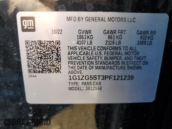 2023 Chevrolet Malibu RS with VIN 1G1ZG5ST3PF121239, listed as a Copart auction lot 46612535 with 14,047 mi miles and Salvage Title. Bid and sale history available at DreamBid. Image 14.