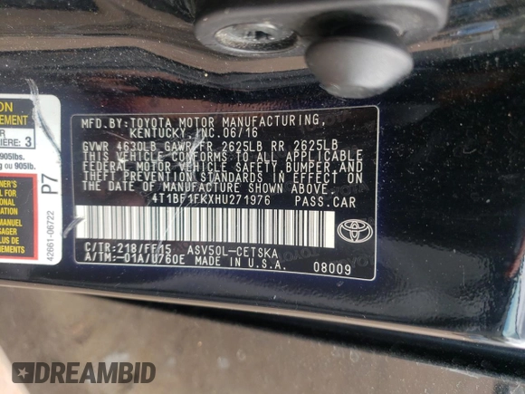 2017 Toyota Camry XLE with VIN 4T1BF1FKXHU271976, listed as a Copart auction lot 53119105 with 144,376 mi miles and Salvage Title. Bid and sale history available at DreamBid. Image 14.