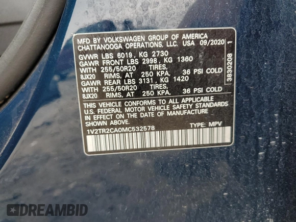 2021 Volkswagen Atlas SEL Premium with VIN 1V2TR2CA0MC532578, listed as a Copart auction lot 58321935 with 95,283 mi miles and Salvage title. Bid and sale history available at DreamBid. Image 13.