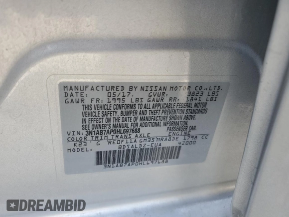 2017 Nissan Sentra SV z VIN 3N1AB7AP0HL697688, wystawiony jako Copart lot #54800525 z przebiegiem 151 496 mil mil oraz Czysty tytuł • Clean title. Historia ofert i sprzedaży dostępna na DreamBid. Obrazek 12.
