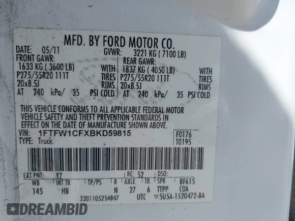 2011 Ford F-150 XL with VIN 1FTFW1CFXBKD59815, listed as a IAAI auction lot 41862767 with 256,177 mi miles. Bid and sale history available at carsss.com. Image 9.