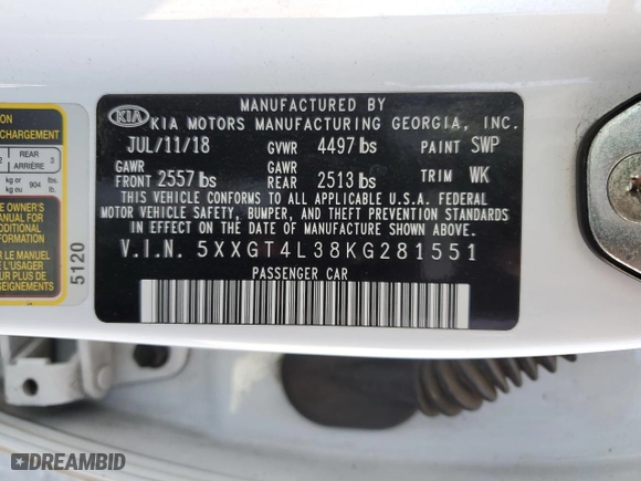 2019 Kia Optima LX with VIN 5XXGT4L38KG281551, listed as a Copart auction lot 48494565 with 80,364 mi miles and Salvage Title. Bid and sale history available at carsss.com. Image 15.