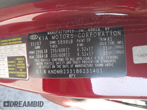 2008 Kia Sedona LX with VIN KNDMB233186231401, listed as a IAAI auction lot 42139919 with 209,006 mi miles. Bid and sale history available at carsss.com. Image 9.