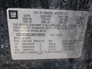 2017 Chevrolet Silverado 1500 LT with VIN 1GCVKREC3HZ126576, listed as a IAAI auction lot 41477637 with 124,670 mi miles. Bid and sale history available at carsss.com. Image 9.