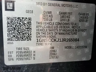 2018 Chevrolet Tahoe Premier with VIN 1GNSCCKJ1JR265084, listed as a Copart auction lot 45997395 with 105,575 mi miles and Salvage Title. Bid and sale history available at carsss.com. Image 14.