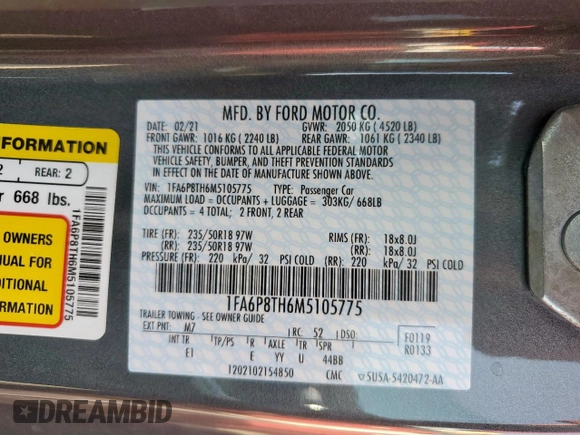 2021 Ford Mustang EcoBoost with VIN 1FA6P8TH6M5105775, listed as a Copart auction lot 53055725 with 5,508 mi miles and Clean title. Bid and sale history available at DreamBid. Image 12.