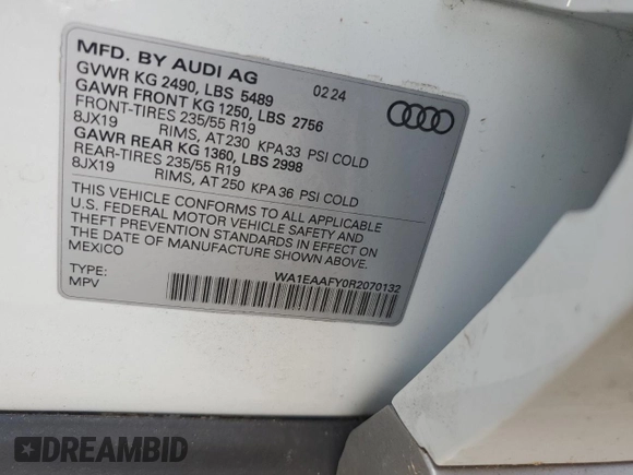 2024 Audi Q5 S line Premium Plus with VIN WA1EAAFY0R2070132, listed as a Copart auction lot 66085934 with 2,313 mi miles and Salvage title. Bid and sale history available at DreamBid. Image 12.