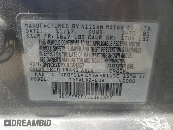 2018 Nissan Note SV with VIN 3N1CE2CPXJL361357, listed as a Copart auction lot 61531015 with 28,324 mi miles and Salvage title. Bid and sale history available at DreamBid. Image 13.