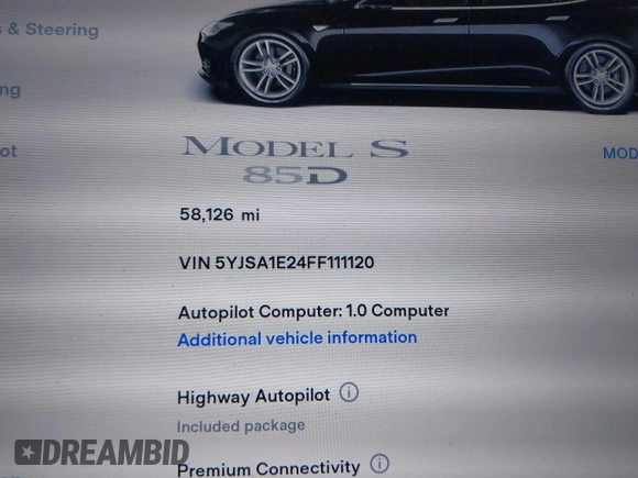2015 Tesla Model S 85D with VIN 5YJSA1E24FF111120, listed as a IAAI auction lot 41471698 with 58,126 mi miles. Bid and sale history available at carsss.com. Image 16.