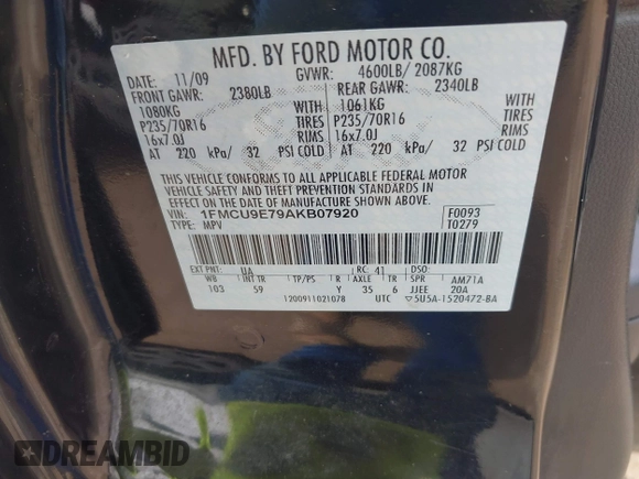 2010 Ford Escape Limited with VIN 1FMCU9E79AKB07920, listed as a IAAI auction lot 42703741 with 202,163 mi miles and . Bid and sale history available at DreamBid. Image 9.