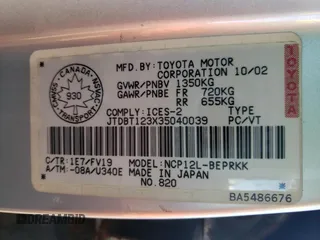 2003 Toyota ECHO z VIN JTDBT123X35040039, wystawiony jako Copart lot #68902344 z przebiegiem 175 489 mil mil oraz Szkoda całkowita • Salvage title. Historia ofert i sprzedaży dostępna na DreamBid. Obrazek 12.