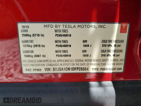2013 Tesla Model S with VIN 5YJSA1CN1DFP26864, listed as a Copart auction lot 52029485 with 63,260 mi miles and Salvage Title. Bid and sale history available at DreamBid. Image 15.