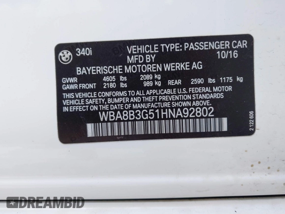 2017 BMW 3 Series 340i with VIN WBA8B3G51HNA92802, listed as a IAAI auction lot 41311483 with 76,904 mi miles and . Bid and sale history available at DreamBid. Image 9.