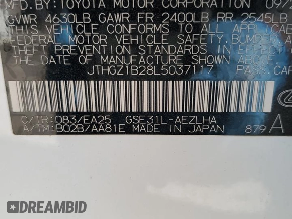 2020 Lexus IS 350 F Sport with VIN JTHGZ1B28L5037117, listed as a Copart auction lot 44354515 with 46,785 mi miles and Salvage title. Bid and sale history available at DreamBid. Image 14.