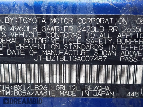 2016 Lexus GS 350 with VIN JTHBZ1BL1GA007487, listed as a IAAI auction lot 42364873 with 151,164 mi miles and . Bid and sale history available at DreamBid. Image 9.
