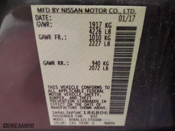 2017 Nissan Altima 2.5 SV with VIN 1N4AL3AP5HC186806, listed as a Copart auction lot 49603475 with 0 mi miles and Non Repairable. Bid and sale history available at carsss.com. Image 12.