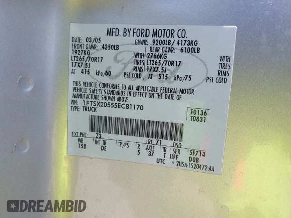2005 Ford F-250 XL z VIN 1FTSX20555EC81170, wystawiony jako IAAI lot #42603180 z przebiegiem 111 720 mil mil oraz . Historia ofert i sprzedaży dostępna na DreamBid. Obrazek 9.