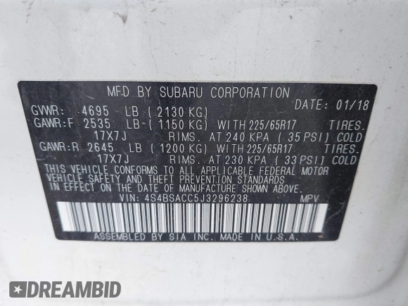 2018 Subaru Outback Premium with VIN 4S4BSACC5J3296238, listed as a IAAI auction lot 42750891 with 72,206 mi miles and . Bid and sale history available at DreamBid. Image 9.