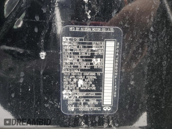 2021 Infiniti QX50 Luxe with VIN 3PCAJ5BB0MF114729, listed as a Copart auction lot 45932295 with Not Provided miles and Salvage Title. Bid and sale history available at DreamBid. Image 14.