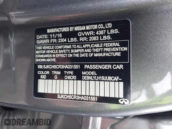 2017 Infiniti QX30 Luxury with VIN SJKCH5CR3HA031551, listed as a IAAI auction lot 41433856 with 113,570 mi miles. Bid and sale history available at carsss.com. Image 9.