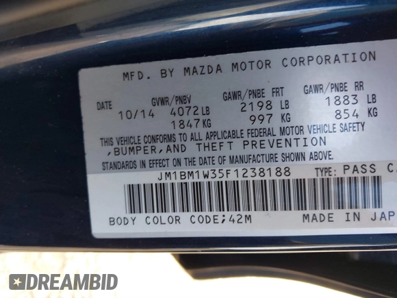 2015 Mazda 3 S Grand Touring z VIN JM1BM1W35F1238188, wystawiony jako IAAI lot #41206030 z przebiegiem 316 542 mil mil oraz . Historia ofert i sprzedaży dostępna na DreamBid. Obrazek 9.
