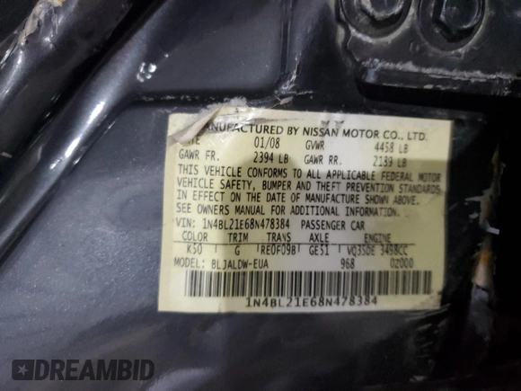 2008 Nissan Altima 3.5 SE with VIN 1N4BL21E68N478384, listed as a Copart auction lot 44502365 with 0 mi miles and Salvage Title. Bid and sale history available at carsss.com. Image 13.