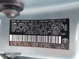 2012 Toyota Prius One z VIN JTDKN3DU4C1587830, wystawiony jako IAAI lot #42204822 z przebiegiem 98 401 mil mil oraz . Historia ofert i sprzedaży dostępna na DreamBid. Obrazek 9.