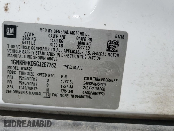 2016 Chevrolet Traverse LS with VIN 1GNKRFKD5GJ267762, listed as a Copart auction lot 55093425 with 191,965 mi miles and Salvage Title. Bid and sale history available at carsss.com. Image 13.