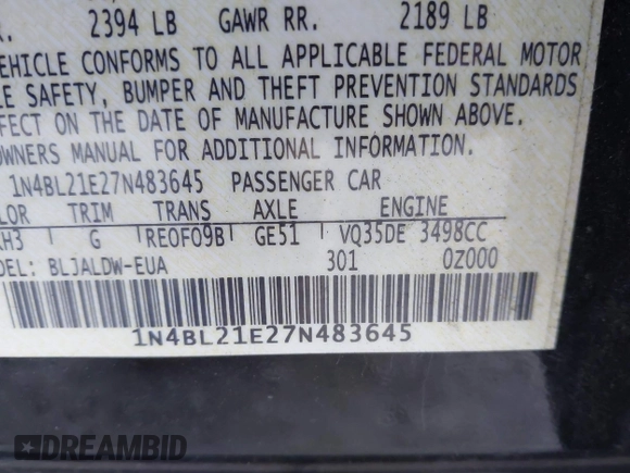 2007 Nissan Altima SL with VIN 1N4BL21E27N483645, listed as a IAAI auction lot 41329117 with 138,104 mi miles and . Bid and sale history available at DreamBid. Image 9.