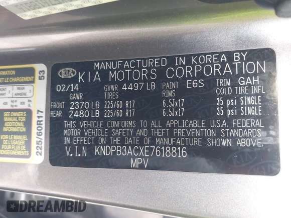 2014 Kia Sportage LX with VIN KNDPB3ACXE7618816, listed as a IAAI auction lot 41987519 with 39,369 mi miles. Bid and sale history available at carsss.com. Image 9.