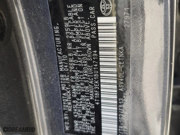 2011 Toyota Camry LE with VIN 4T1BF3EK1BU147194, listed as a Copart auction lot 51980195 with 202,520 mi miles and Salvage Title. Bid and sale history available at carsss.com. Image 12.