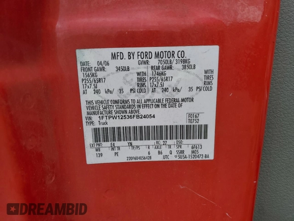 2006 Ford F-150 XLT with VIN 1FTPW12536FB24054, listed as a Copart auction lot 57057025 with 251,187 mi miles and Salvage title. Bid and sale history available at DreamBid. Image 12.
