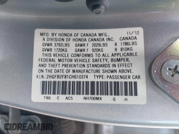 2012 Honda Civic EX with VIN 2HGFB2F81CH610374, listed as a IAAI auction lot 42019951 with 109,835 mi miles and . Bid and sale history available at DreamBid. Image 9.