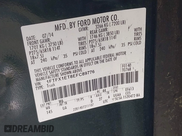 2014 Ford F-150 XL with VIN 1FTFX1ET8EFC89776, listed as a IAAI auction lot 42346833 with 45,657 mi miles and . Bid and sale history available at DreamBid. Image 9.