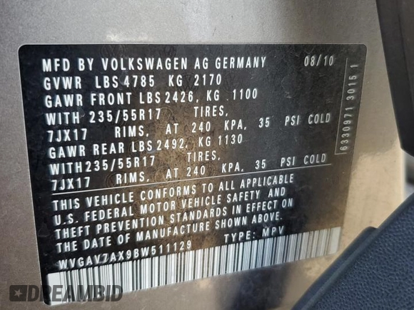 2011 Volkswagen Tiguan S z VIN WVGAV7AX9BW511129, wystawiony jako Copart lot #51907435 z przebiegiem 134 383 mil mil oraz Czysty tytuł • Clean title. Historia ofert i sprzedaży dostępna na DreamBid. Obrazek 13.
